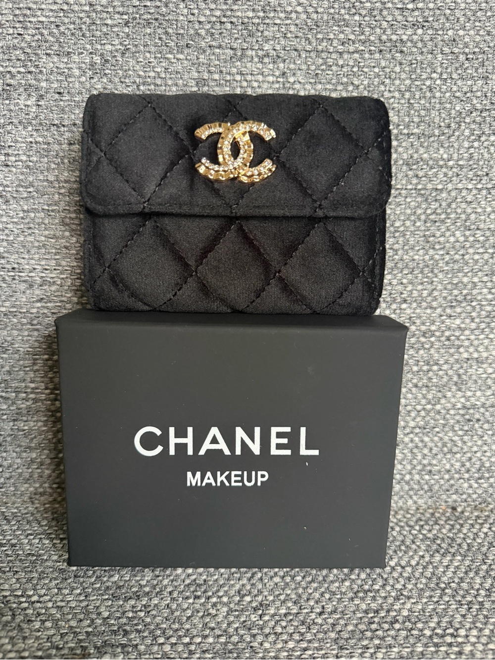 Black Velvet Quilted Small Tri-Fold Wallet with Gold and Crystal CC Accent